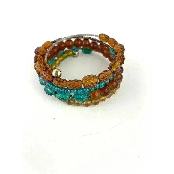 VTG Multi Lucite Carved Beaded Bangle Wired Wrap Bracelet Brown Blue Bell Chime - Picture 8 of 10